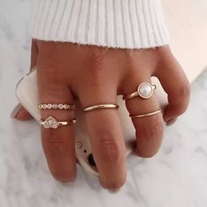 5 Piece Bohemian Gold Midi Knuckle Ring Set Heart Pearl Diamond Adjustable NWT